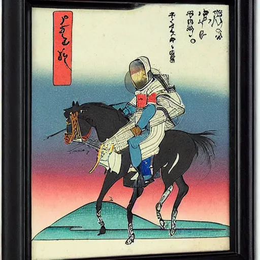 일본 우키요에 판화 화풍으로 그려진 말 탄 우주인. 히로시게 스타일을 지정한 프롬프트로 생성된 AI 이미지