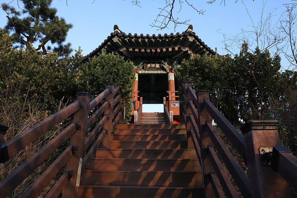 속초 영금정 정자로 오르는 나무 계단과 단청이 칠해진 정자, 주변의 소나무와 해안 수풀